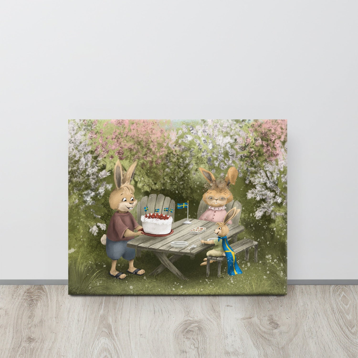 Canvas artwork featuring a delightful scene of a rabbit family enjoying Swedish fika in a lush garden. A heartwarming addition for your space, adding charm and tranquility to any room.