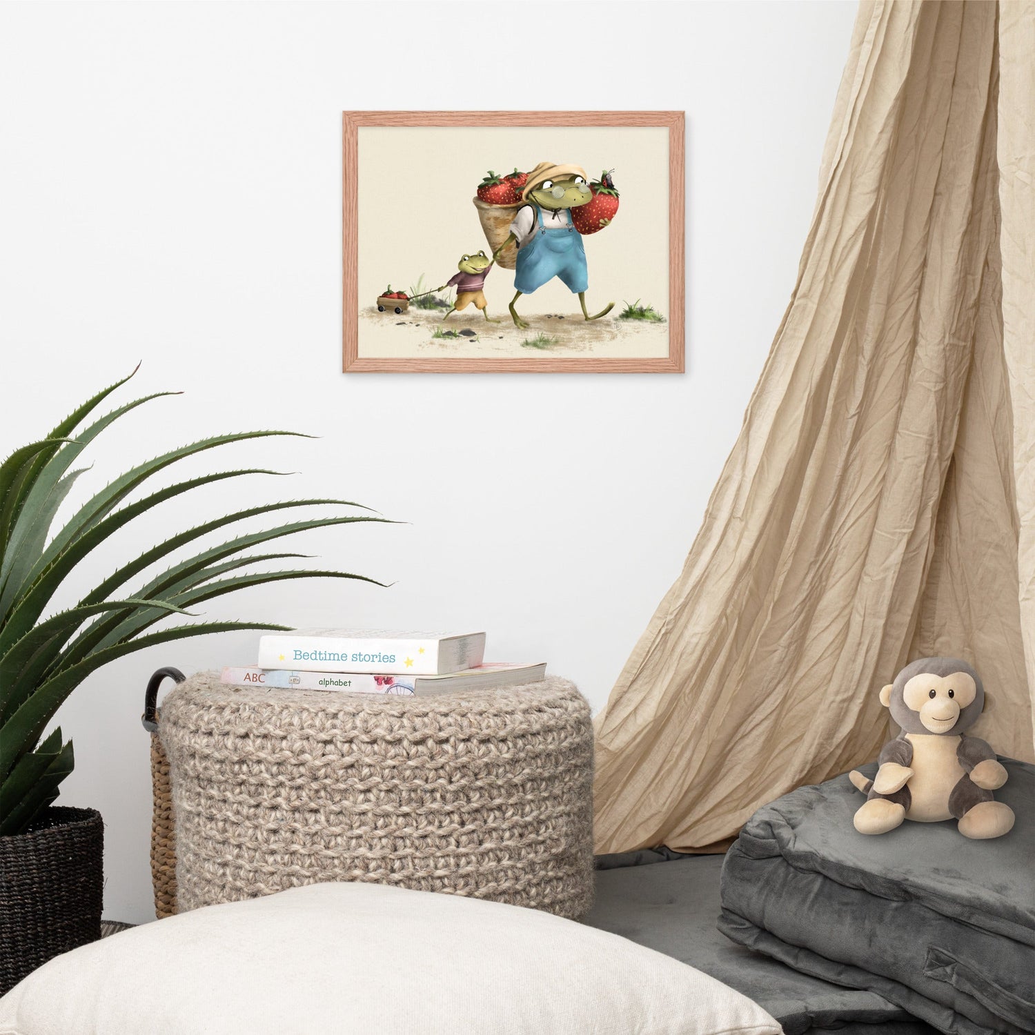 Framed illustration of two joyful frogs cheerfully carrying a bountiful harvest of strawberries. Perfect for adding whimsy to a children's room or infusing joy into any space