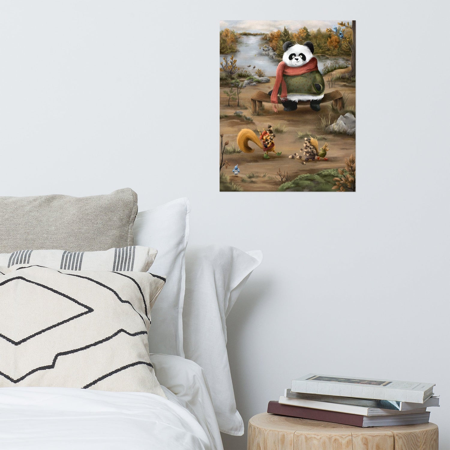 Poster displayed on a wall featuring an autumn-themed artwork with a harmonious panda curiously watching squirrels collecting nuts in a peaceful setting. Bring harmony and nature's tranquility to your space with this heartwarming illustration