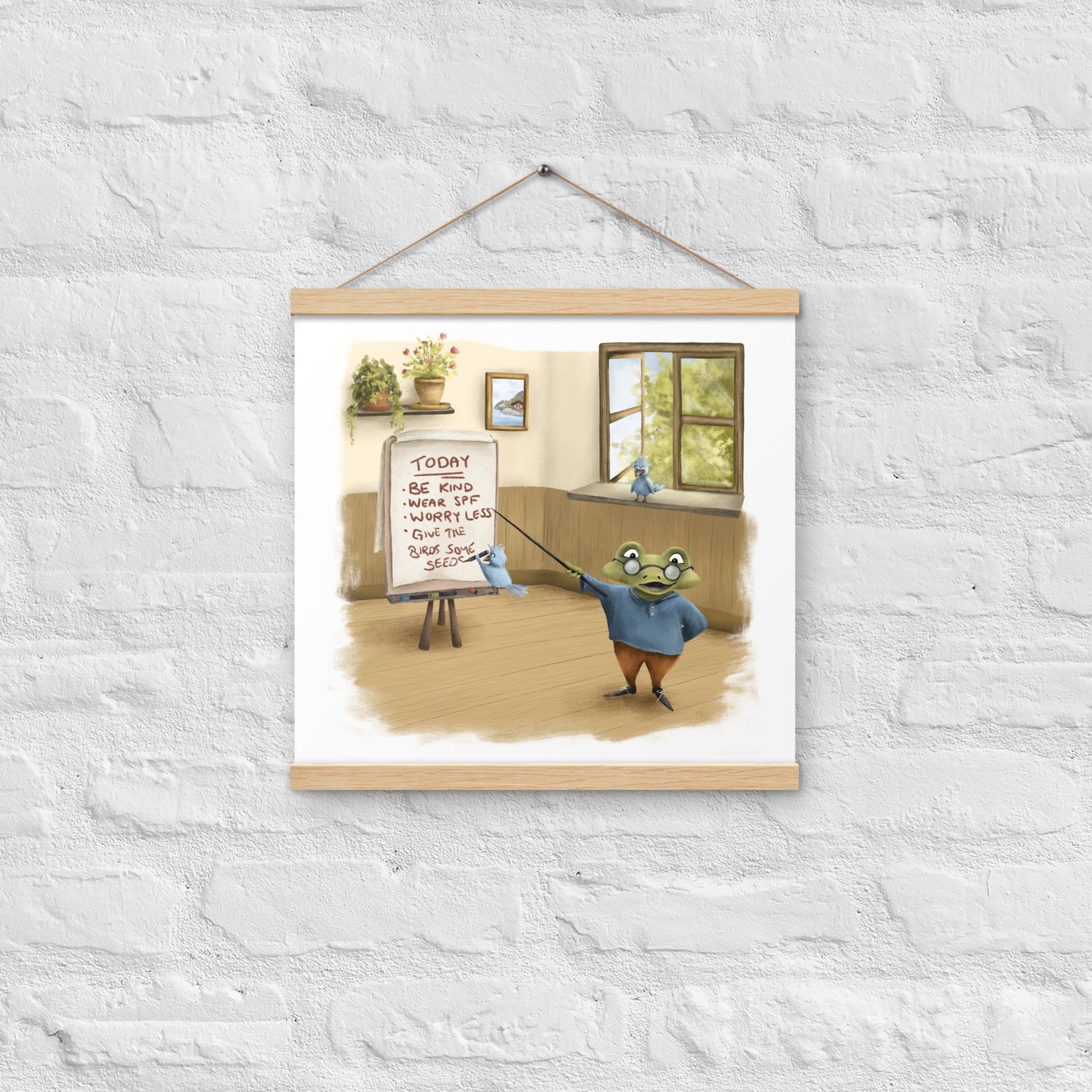 Illustrated hanging poster displaying a whimsical scene of a professor frog pointing to a to-do list on a board. Complete with wooden borders for easy wall mounting, perfect for adding charm to any space